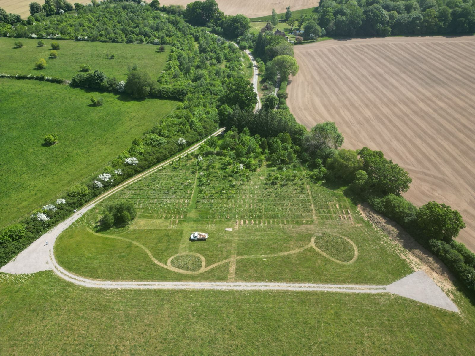Luchtfoto van een natuurbegraafplaats in aanleg, met jonge aanplant tussen akker en bosrand