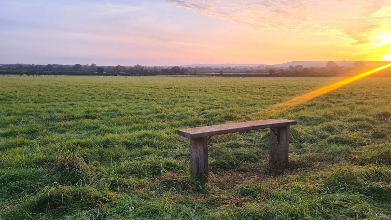 Eenvoudige houten bank in een weiland bij zonsopkomst